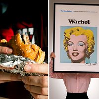 Tredelad bild. Vänster: Hollywood-skylten. Mitten: Person håller hamburgare. Höger: Andy Warhol-verk.