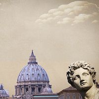 Peterskyrkan, Påve Franciskus och en staty under en molnig himmel.