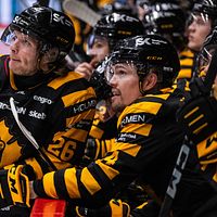 Ishockeyspelare i svart-gula tröjor sitter på avbytarbänken under en match.