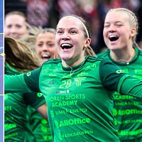 Delad bild. Vänster: innebandyspelare gör mål. Höger: lag i gröna tröjor firar tillsammans.
