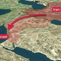 Kartbild över några av de inblandade länderna i konflikten: Israel, Libanon, Syrien, Irak och Iran.
