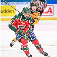 Delad bild. Till vänster: fotbollsspelare i gulsvart. Till höger: ishockeyspelare i action.