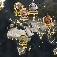 Världskarta med SVT:s korrespondenter i Sverige, Ryssland, Ukraina, Kina, Argentina och Zambia.