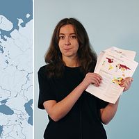 En karta till vänster och en kvinna till höger