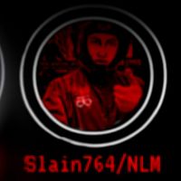 ALT-text: En bild med en mörk bakgrund som innehåller texten ”A New Era Of Evil” i en grå ruta till vänster. Till höger syns en rund ram med texten ”Slain764/NLM” i röd färg, och en person med en röd klädsel. Bilden har en allmänt dyster känsla.