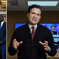 Tvådelad bild. Till vänster: diplomater i diskussion. Till höger: person gestikulerar i ett kontor.