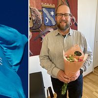 Delad bild. Vänster: Region Blekinges flagga. Höger: person med blombukett inomhus.