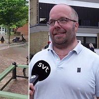 Ingången till skolan där det forsar fram regnvatten. Till höger i bild syns rektorn med en SVT-mikrofon framför sig.