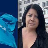 Delad bild. Till vänster: Region Blekinge flagga. Till höger: Kvinna framför byggnad. Sophia Ahlin