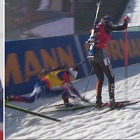 Tvådelad bild. Vänster: Skidskytt i gul dräkt. Höger: Skidskytt faller vid skytteställning.