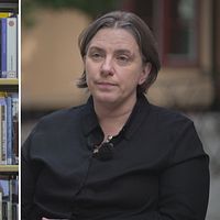 Till vänster en bild på böcker i en bokhylla och till höger är det fackförbundets DIKs ordföranda Anna Troberg