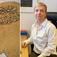 Illustration av två hjärnor, en med trassligt innehåll, en med en vanlig hjärna. Kristina Hedman specialist neuropsykolog.