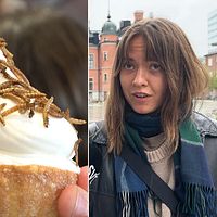 Till vänster: En ung kille ser skeptisk ut. I mitten: en glass med larver på. Till höger: En ung tjej fotad framför Umeås rådhus ser skeptiskt ut