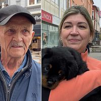 Splitbild. Kvinna till vänster med brunt hår och blå tröja. Man i mitten med keps. Kvinna till höger med orange tröja och hund i famnen.
