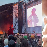 En bild från Brännbollsyran. Fotografen står i publikhavet och på scenen syns en artist på den stora skärmen. Till höger en kvinna som för ett glas med öl till sin mun.
