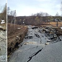 Vägen har kollapsat och ryckts med i vårfloden. Stenar och asfalt ligger huller om buller.