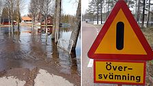 översvämning runt ett hus och en vägskylt som varnar för översvämning