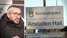 Delad bild. Till vänster: Person med uppsträckt hand. Till höger: Skylt för Anstalten Hall.