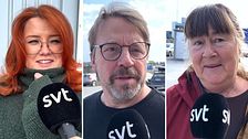 Tredelad bild med SVT-mikrofoner framställd inför olika personer vid intervjuer.