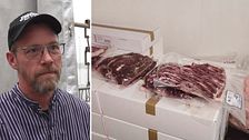 Tvådelad bild på slaktaren Christer Hammarström och förpackningar med björnkött.