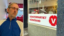 Vänsterpartiets gruppledare Åke Hamrin och en bild på fasaden till Vänsterpartiets lokal i Härnösand.