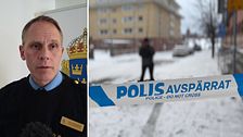 Polisområdeschef Lars Westermark samt avspärrning i centrala skellefteå