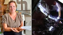 Kvinna sitter med armarna i kors och papper i ena handen. Tidigare deltidsbrandmannen Veronica Söderberg avslöjade Think Pinks miljöbrott i Skultuna utanför Västerås.