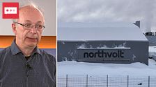 Tvådelad bild. Till vänster: Interiör med person. Till höger: Snötäckt Northvolt-byggnad.