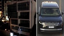 Tvådelad bild. Vänster: Byggnad med släckta fönster. Höger: Mörk Range Rover på väg.