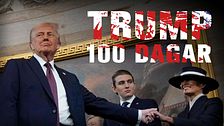 Trump 100 dagar, personer i kostym och hatt skakar hand framför ett officiellt porträtt.
