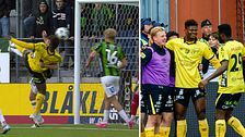 Delad bild. Till vänster: bicycletaspark mot mål. Till höger: glada fotbollsspelare firar.