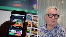 Tvådelad bild. Till vänster: mobil med spelapp. Till höger: man med glasögon i mönstrad skjorta.