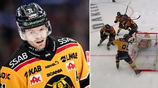 Delad bild. Till vänster syns en ishockeyspelare i gulsvart tröja. Till höger: hockeyspel nära mål.