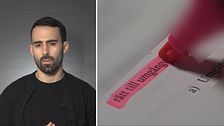 Delad bild: reportern Alberto Lozano – ung man i svart tröja mot grå bakgrund, tittar i kameran. Samt närbild på penna som markerar texten ”rätt till umgänge” på ett papper