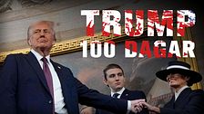 Donald Trump skakar hand, texten ”TRUMP 100 DAGAR” syns i bakgrunden.