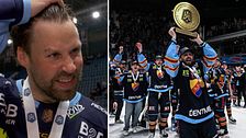 Delad bild. Vänster: ishockeyspelare med medalj. Höger: lag firar med pokal på isen.