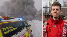Räddningstjänstens bil vid branden på Ica Haga i Västerås. Till höger: räddningsledare Mattias Ingvarsson