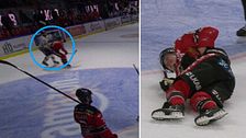 Tvådelad bild. Vänster: Hockeyspelare i kollision. Höger: Skadad spelare ligger på isen.