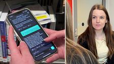 Tvådelad bild. Vänster: person med mobil som visar text; Höger: interiör från ett kontor.