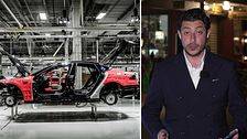 Tvådelad bild. Vänster: bilproduktion i fabrik. Höger: person i kostym framför byggnad.