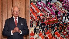 Tvådelad bild. Vänster: Man i kostym med händerna ihop. Höger: Begravningsprocession i kyrka.
