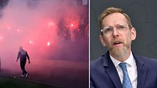 Delad bild. Till vänster: röda bengaler och rök på fotbollsläktare. Till höger: man i kostym.