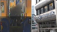 Till vänster: övervakningsfilm från spårvagn, människor med maskerade ansikten. Till höger: Västtrafiks skylt på huvudkontoret i Göteborg.