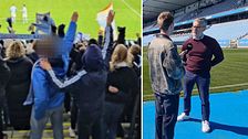Vänster i bild: två MFF-fans gör Hitlerhälsningar på Eleda stadion. Höger i bild: Malmö FF:s VD Niclas Carlnén intervjuas på stadion i Malmö.