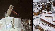 Stora spännremmar runt en rund skortsen som börjar falla, samt arkivbild på höghuset Snusdosan i gamla Kiruna