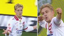 Delad bild. Till vänster: fotbollsspelare jublar. Till höger: samma spelare pekar mot kameran.