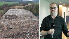 Delad bild. Till vänster: stort sopberg utomhus. Till höger: person intervjuas inomhus.