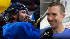 Delad bild. Till vänster: hockeyspelare dricker vatten. Till höger: intervju med spelare av SVT.