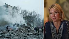 Bombad byggnad i Ukraina till höger: Kvinna.