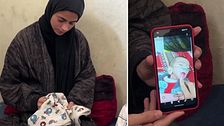 Delad bild. Vänster: person med hijab håller tyg. Höger: närbild på en mobil med barnfoto.